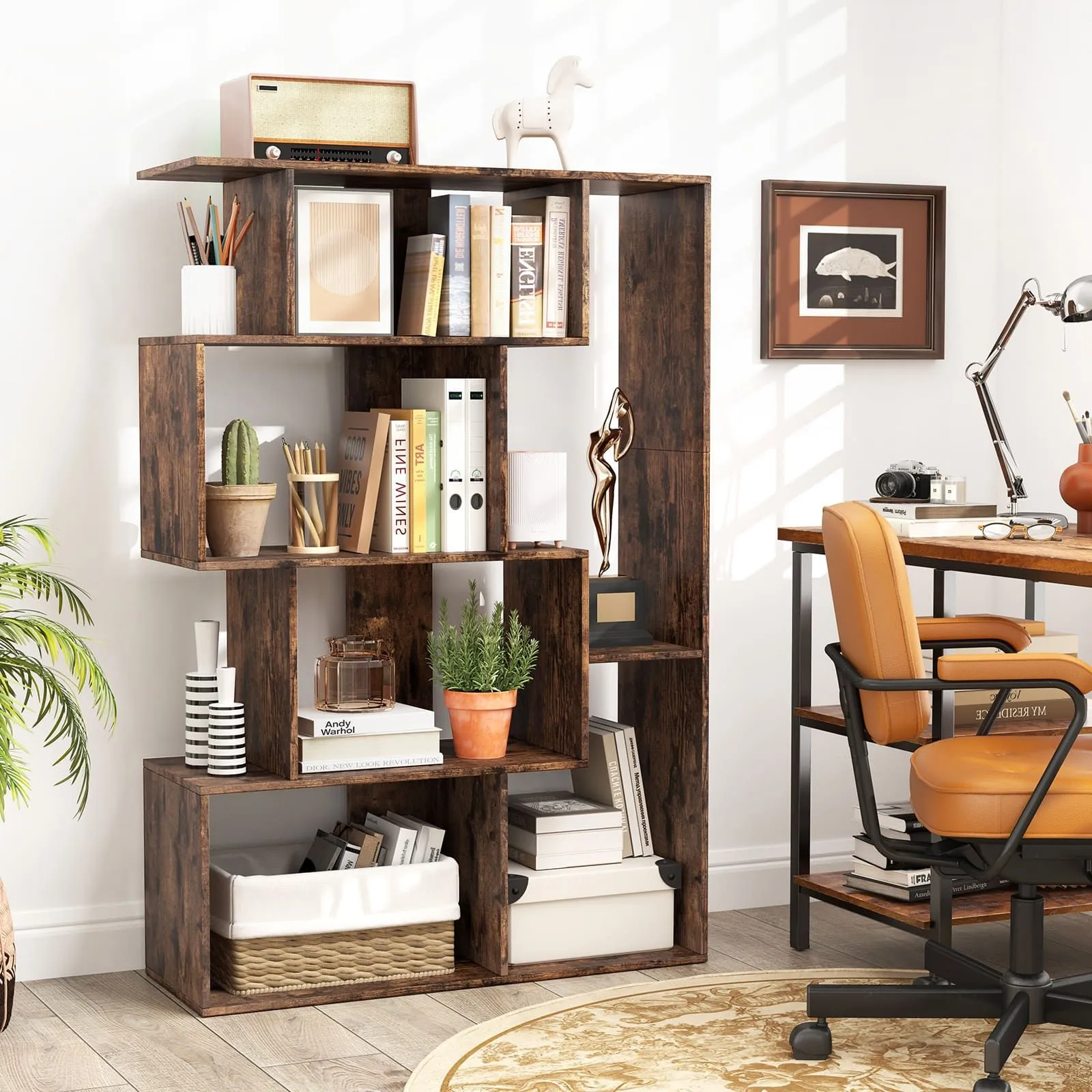 Costway Open-back Geometric Bookshelf Home 6-Cube Large Bookcase in Brown 5