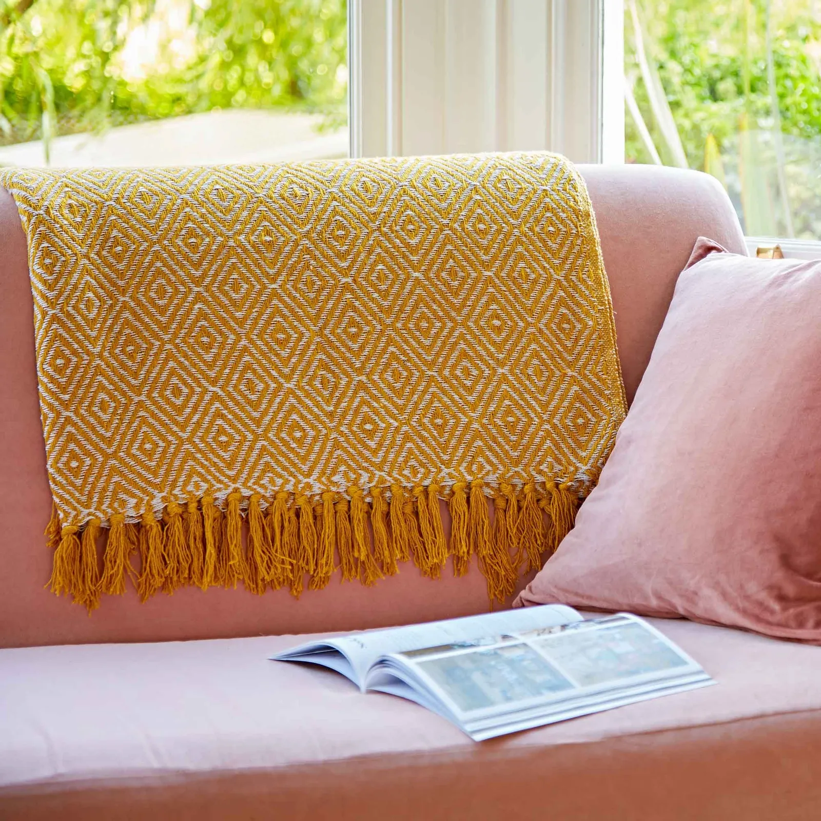 Paper High Diamond Cotton Throw in Mustard