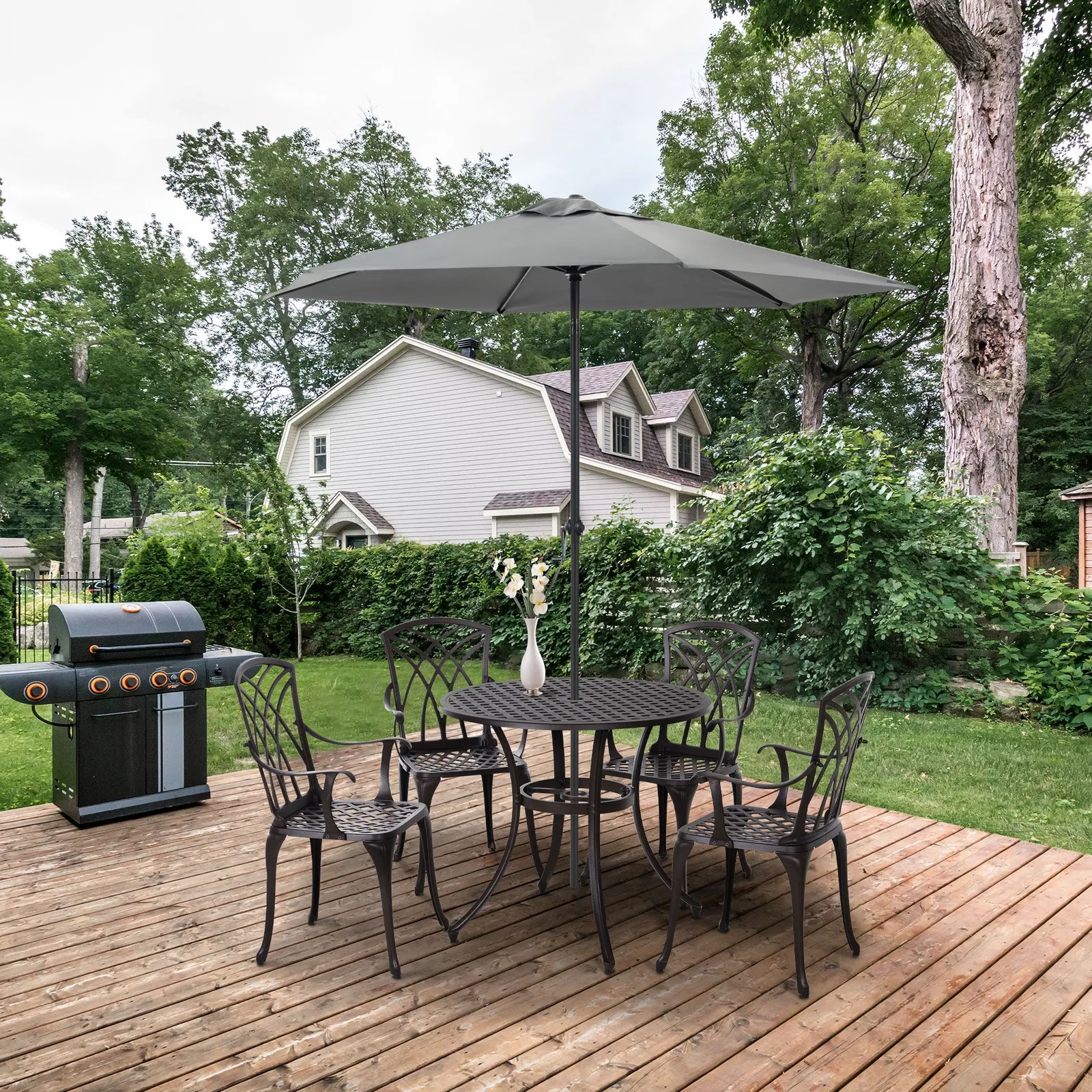 OUTSUNNY 5 PCs Coffee Table Chairs Outdoor Garden Furniture Set with Hole in Brown