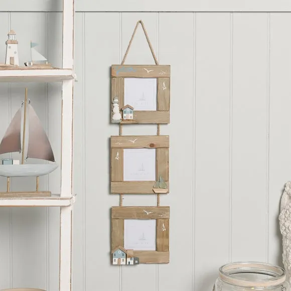 Love Life By The Sea Driftwood & Sea Glass Hanging Triple Multi Photo Frame