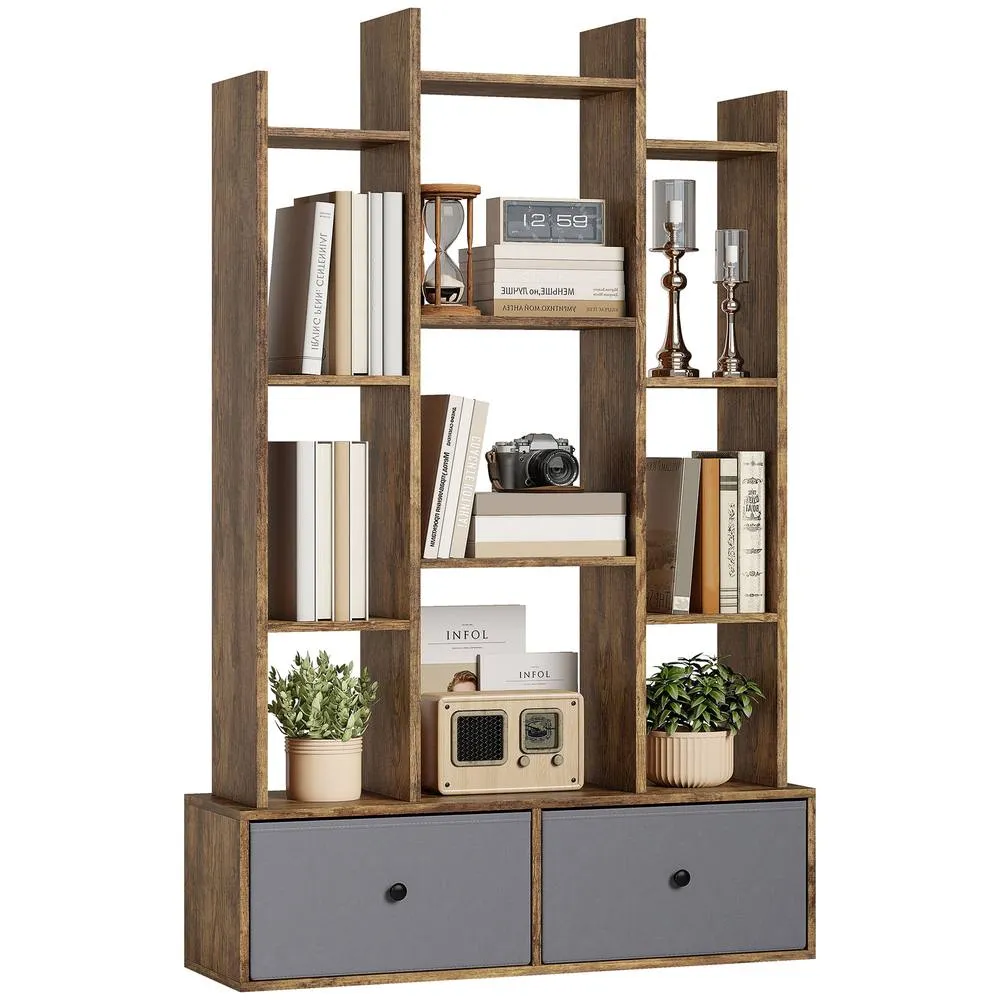 HOMCOM 12-Tier Bookshelf, Bookcase w/ 2 Folding Drawer, Rustic Brown 2