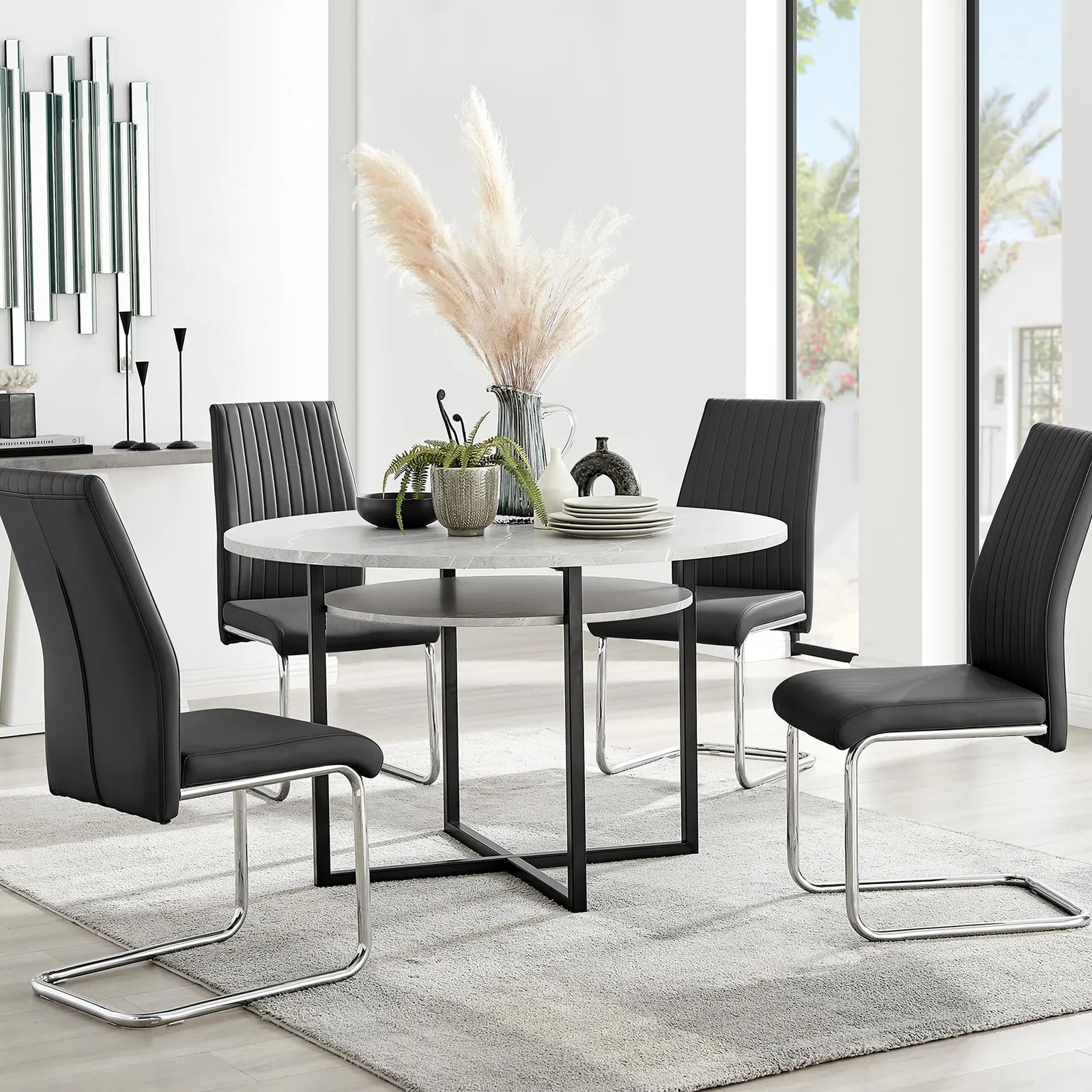 FurnitureboxUK Adley Grey Concrete Effect Round Dining Table & 4 Lorenzo Faux Leather Chairs in Black 1