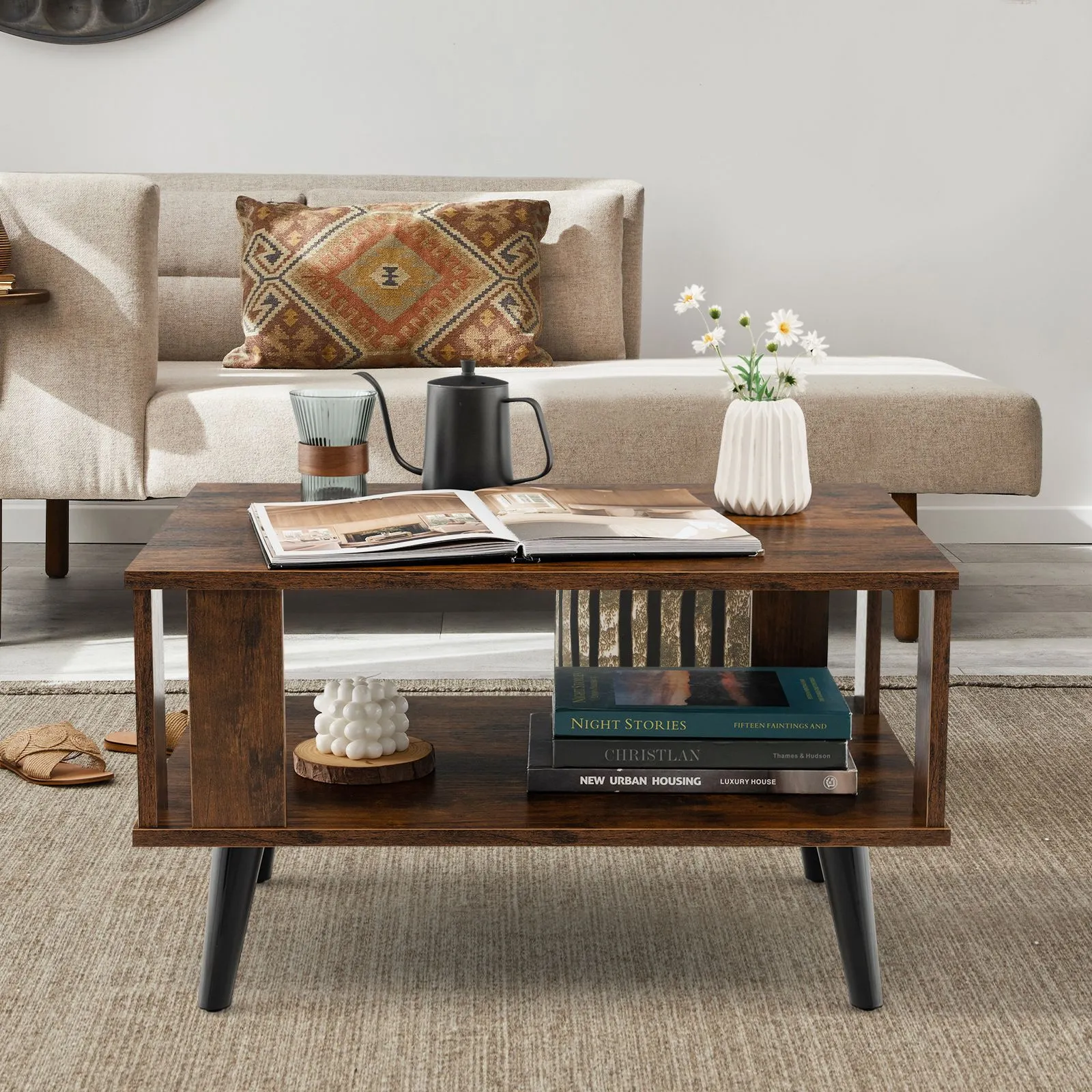Costway Industrial Coffee Table 2-Tier Wooden Center Table Small Side Table Living Room in Brown 6