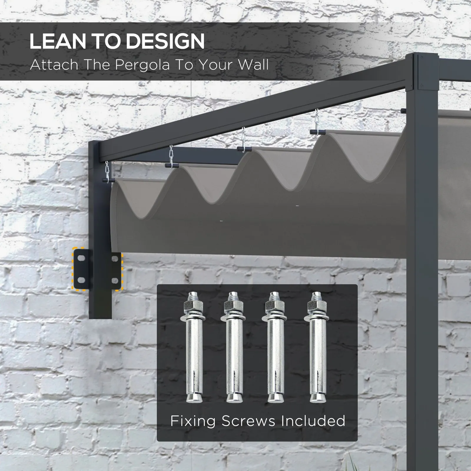 OUTSUNNY Wall Mounted Pergola with Retractable Sun Shade Canopy in Dark Grey 4