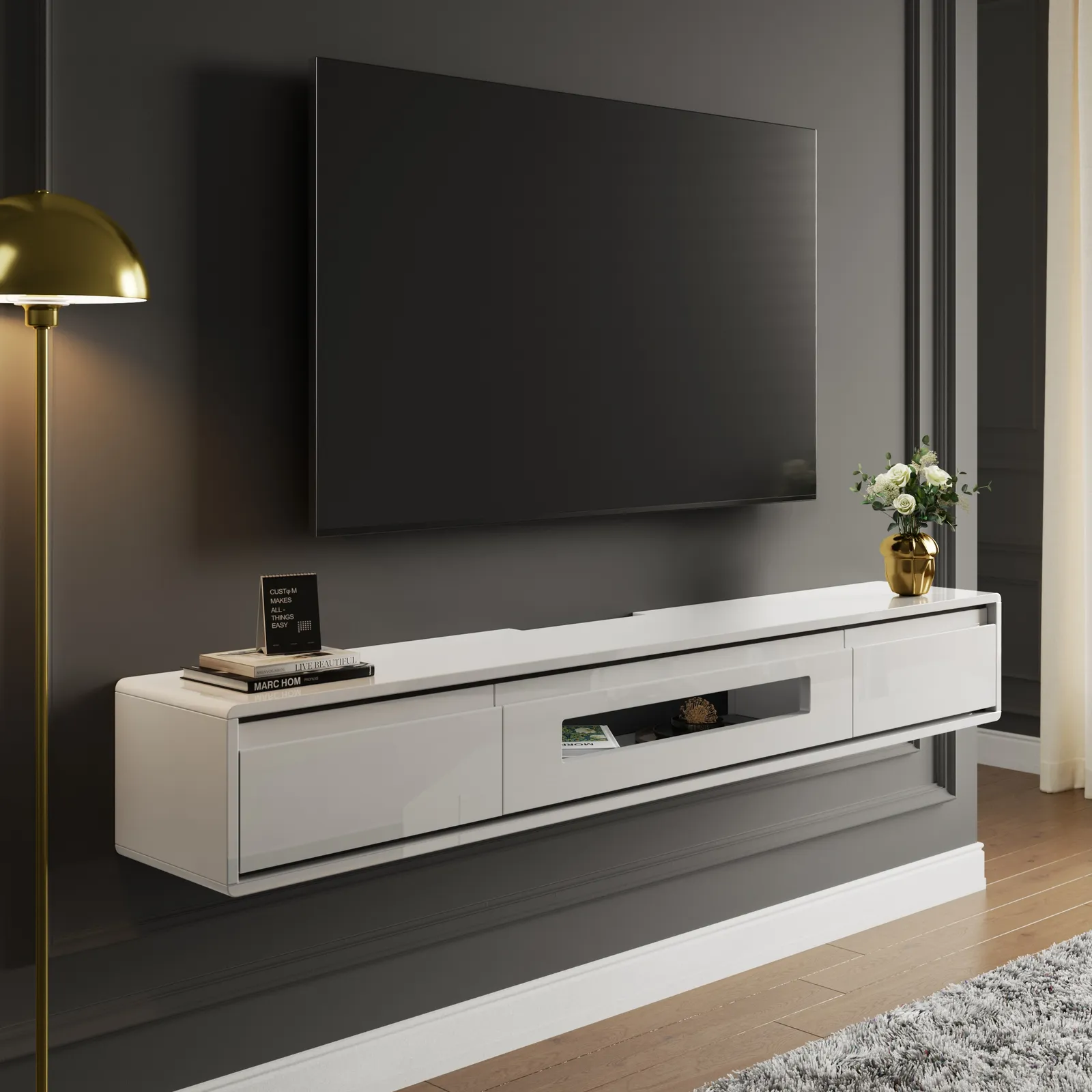 1500mm White TV Stand Postmodern Minimalist Floating Media Console with Storage