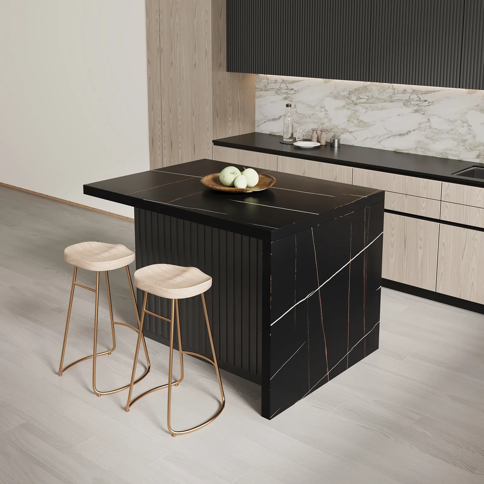 127 cm Large Black Kitchen Island with Storage Kitchen Cabinet Marble Veneered Top
