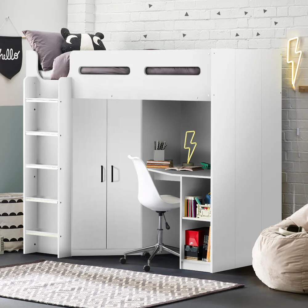 Hercules - Single - Kids High Sleeper - Desk - Wardrobe and Storage - White - Wooden - 3ft - Happy Beds 1