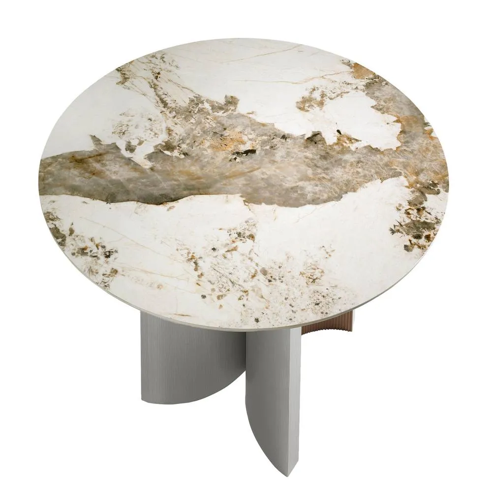 Angel Cerda Round Dining Table Porcelain Marble Top Walnut in Metallic Silver 5