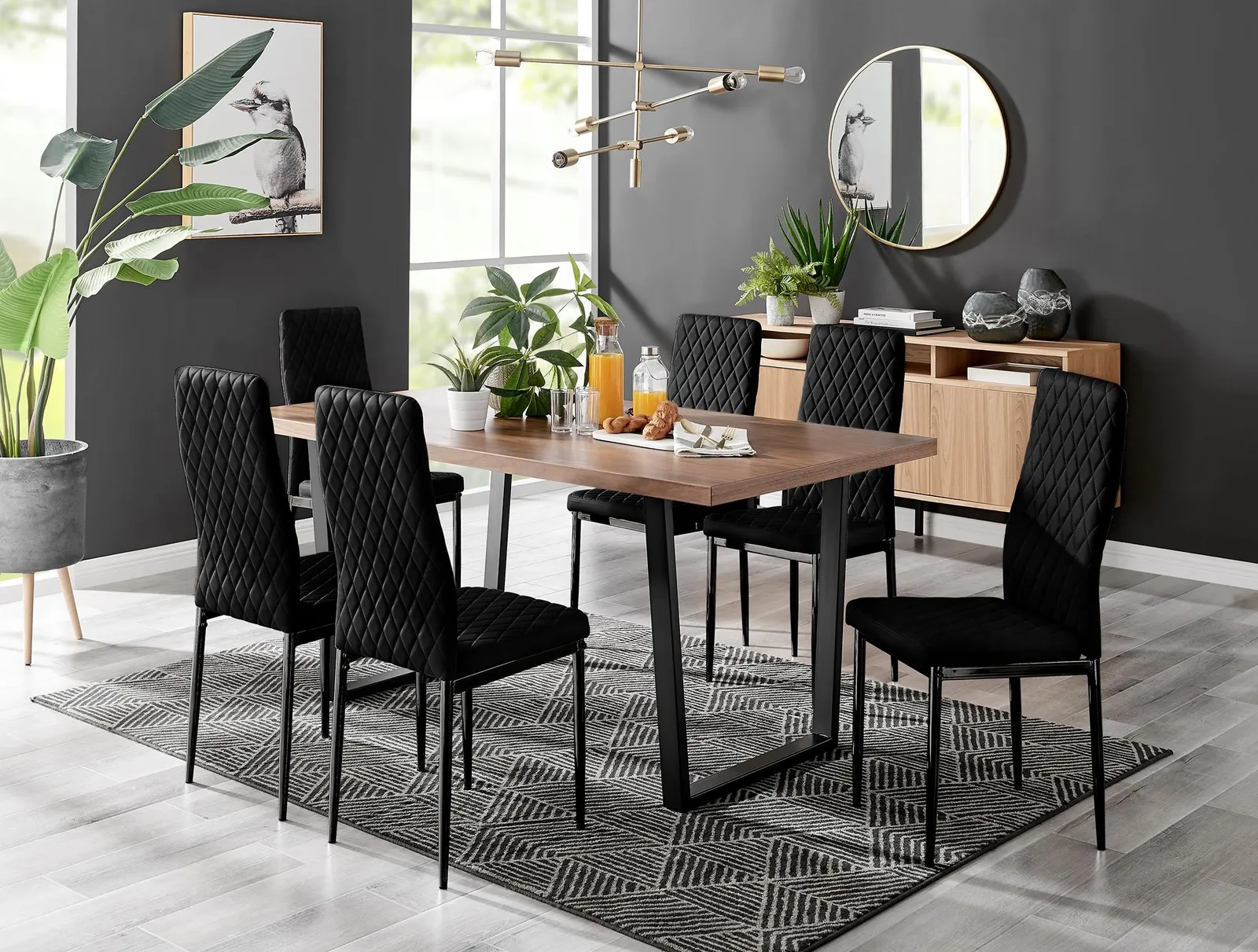 FurnitureboxUK Kylo Large Brown Wood Effect Dining Table & 6 Velvet Milan Black Leg Chairs