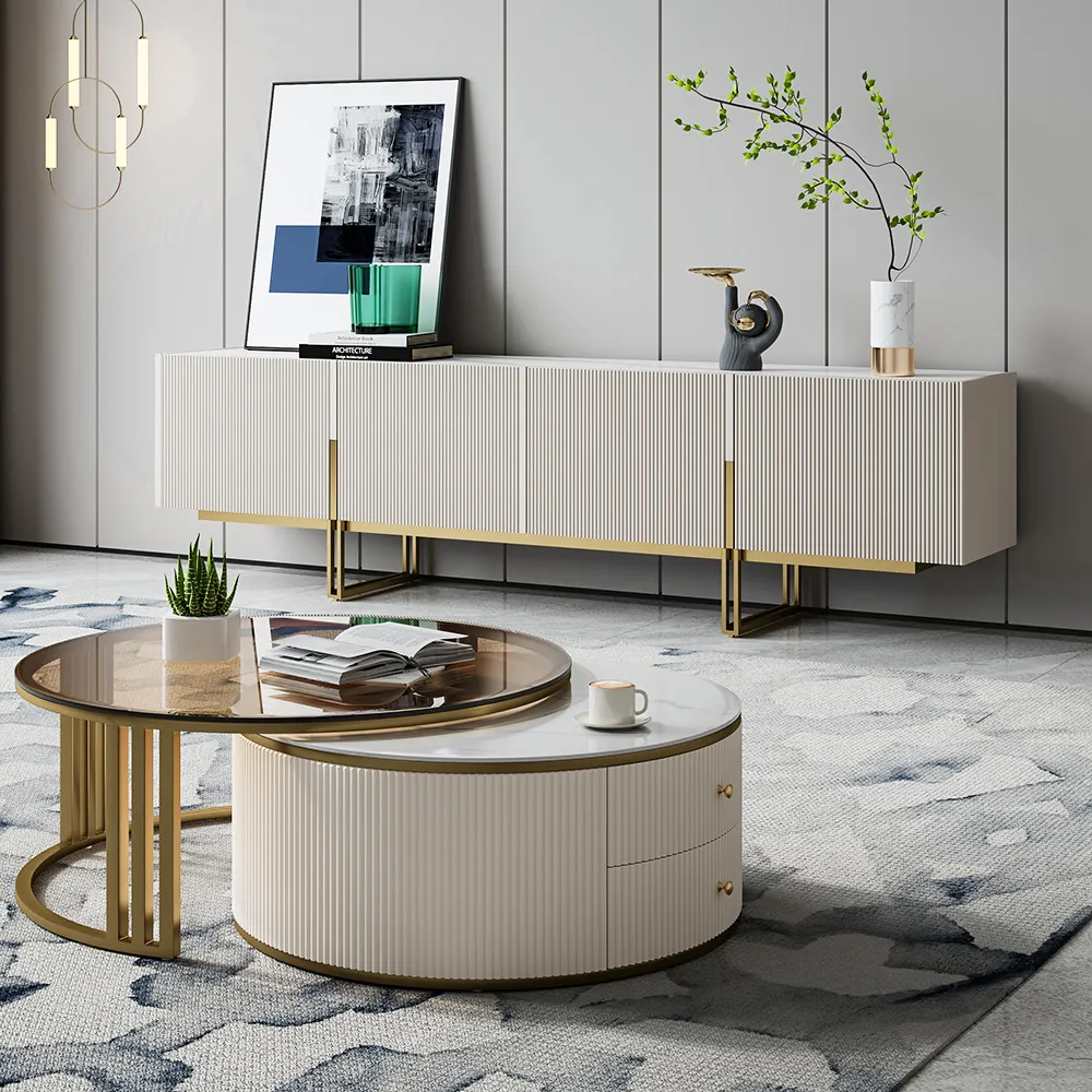 Living Room Cabinet Set 2000 mm Off White TV Stand & Round Glass Nesting Coffee Table with Storage