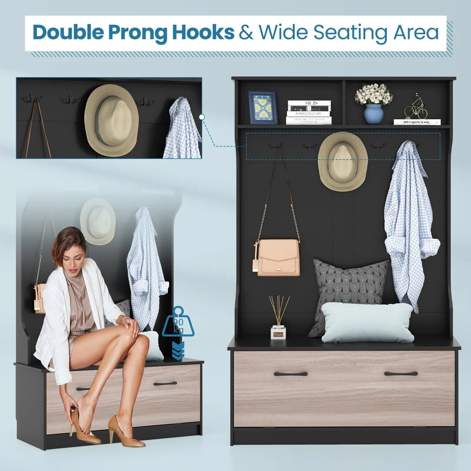 Costway 3-in-1 Freestanding Hall Coat Rack Stand Shoe Bench with 5 Hooks & Cabinet in Black 5
