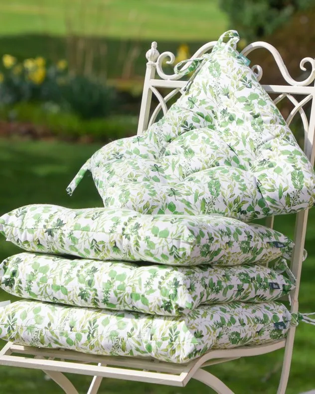 Dibor Set of 4 Green Leaf Print Cotton Outdoor Garden Chair Seat Pad Cushions L40cm x W40cm
