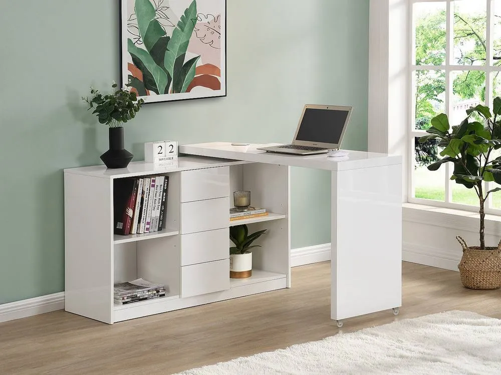 Vente-unique Extendable Desk With 360° Swivel Top - MDF - Lacquered White - PAVELO