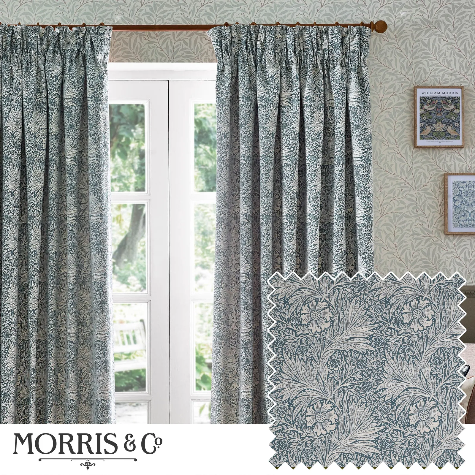 Morris & Co Marigold Jacquard Floral Room Darkening Pencil Pleat Curtains in Indigo 1