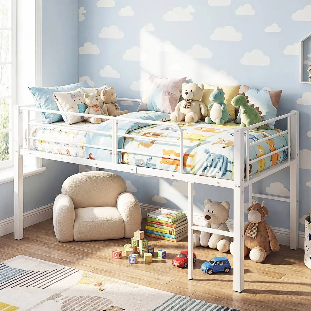 Costway Single Size Low Loft Bed Metal Bed Frame w/ Guardrails & 2 Ladders in White 3