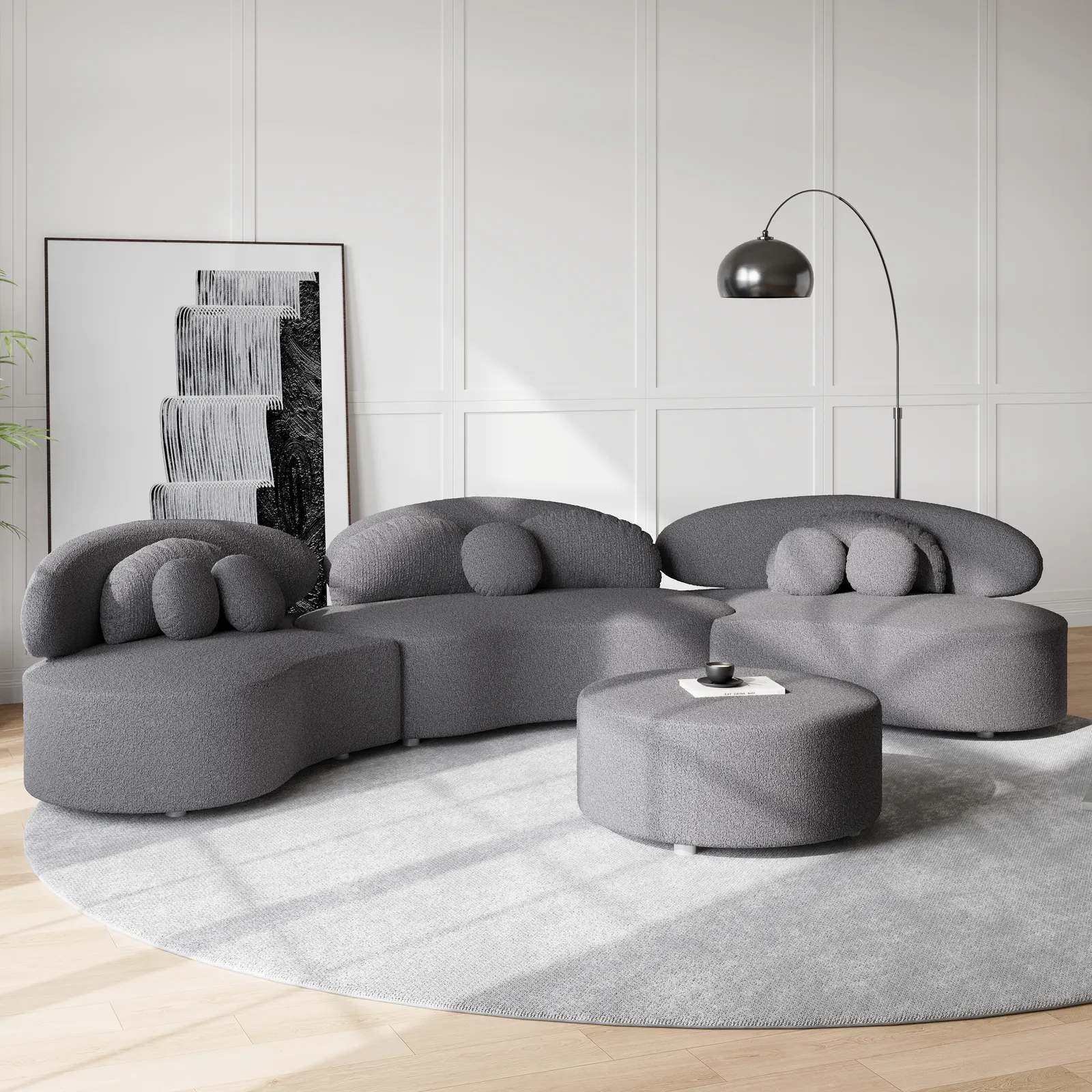 Modern 7 Seat Sectional Sofa Curved  Modular Boucle Upholstered with Ottoman