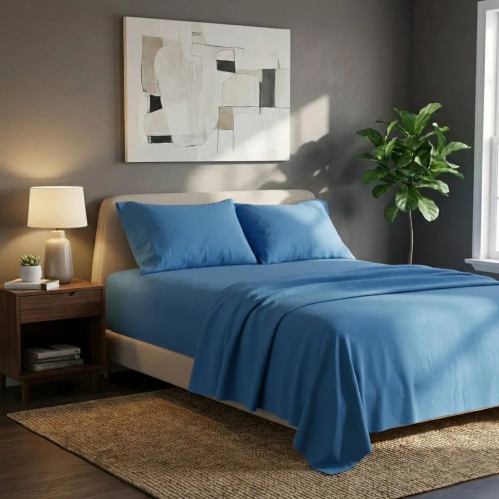 Snug City Soft Plain Brushed Cotton Fitted Flat Sheet Matching Pillowcases Set in Blue