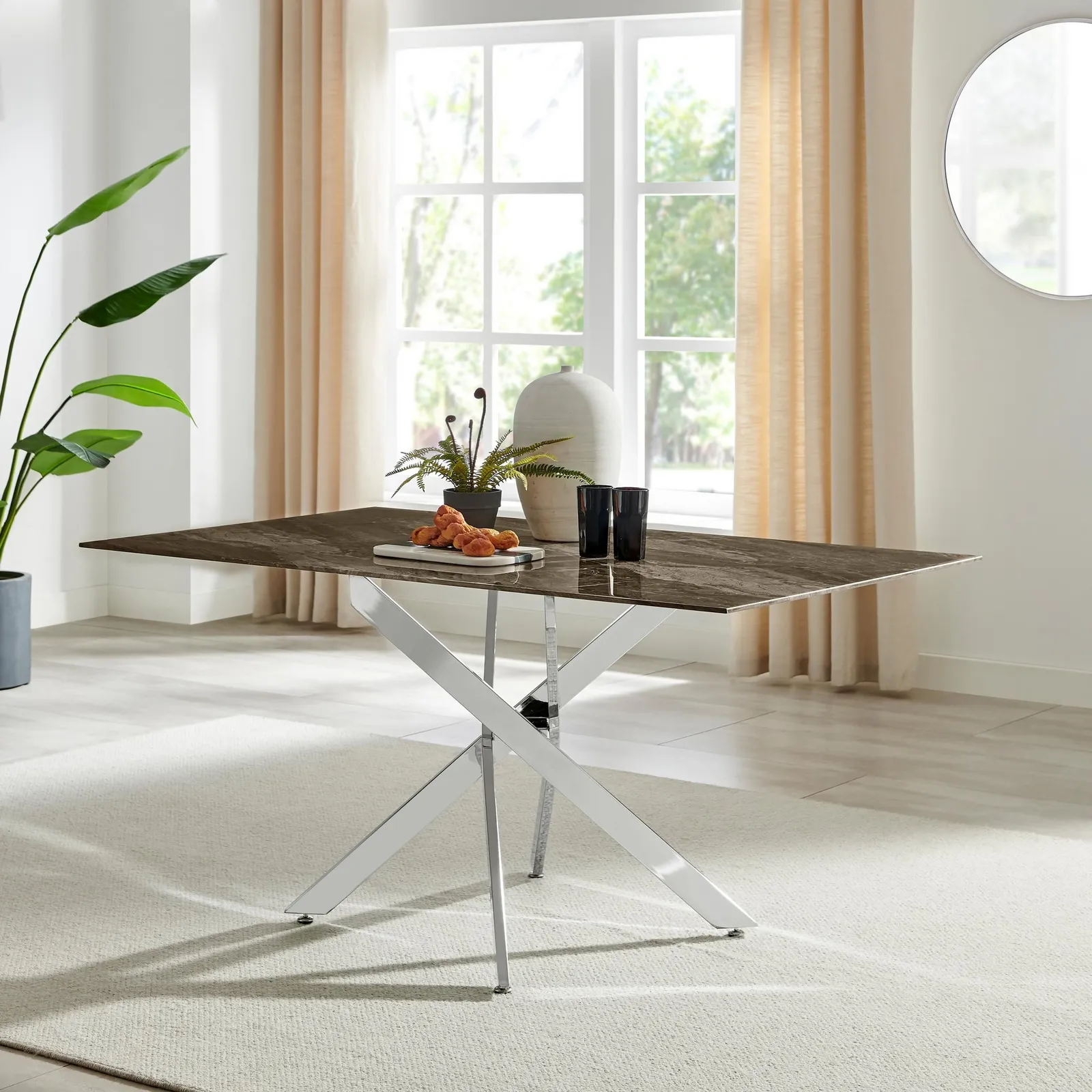 FurnitureboxUK Leonardo 6-Seater Dining Table With Marble Effect Glass Top & Silver Metal Legs in Dark Brown 2