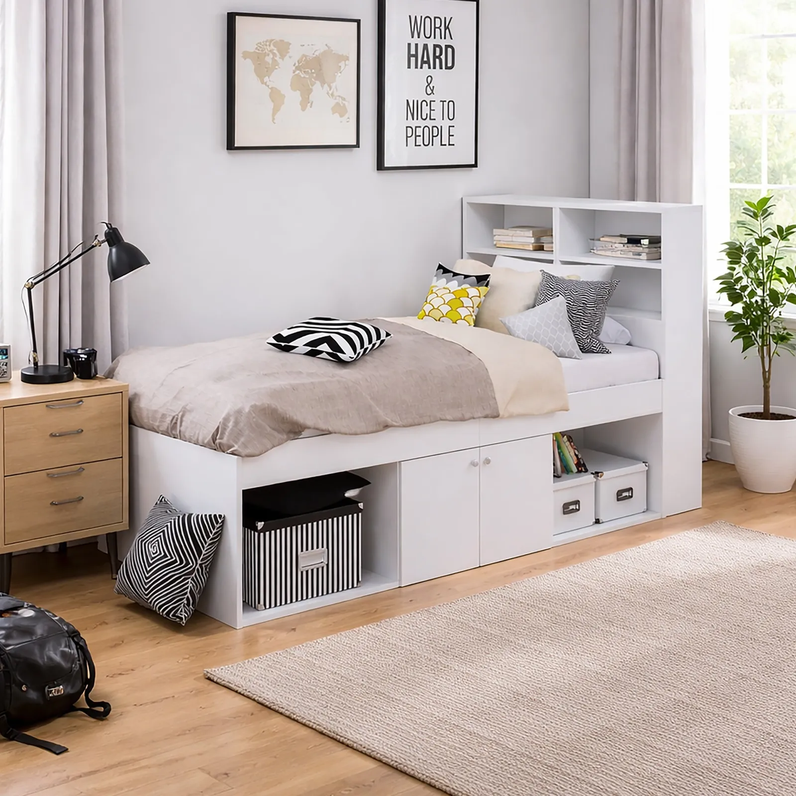 Arctic - Single - Cabin Bed with Open Storage, 2-Door Cupboard and Bookcase Headboard - White - Wooden - 3ft
