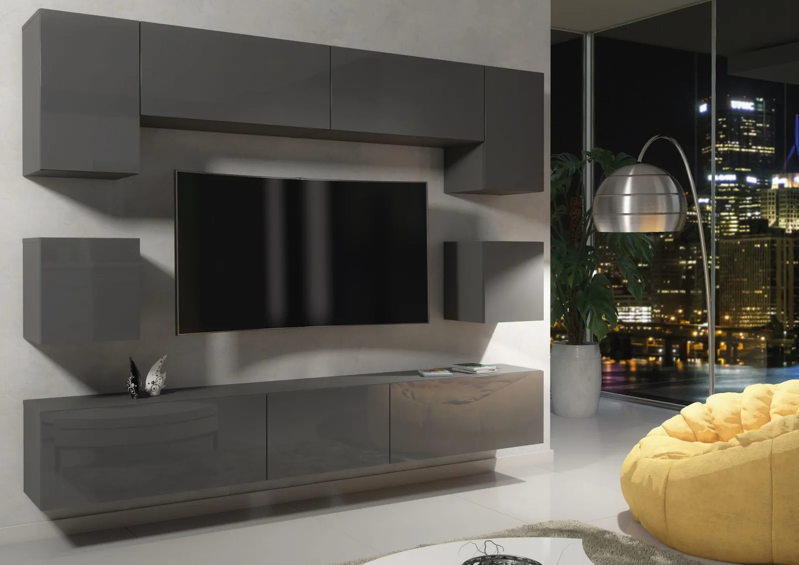 Creative Furniture Panorama Wall TV Unit - A Sleek & Modern Wall Cabinet with Gloss Doors & LED Lights in Dark Grey 5