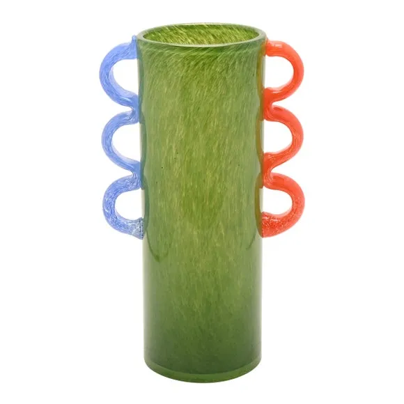 Raspberry Blossom Wavy Handled Green Glass Vase 2