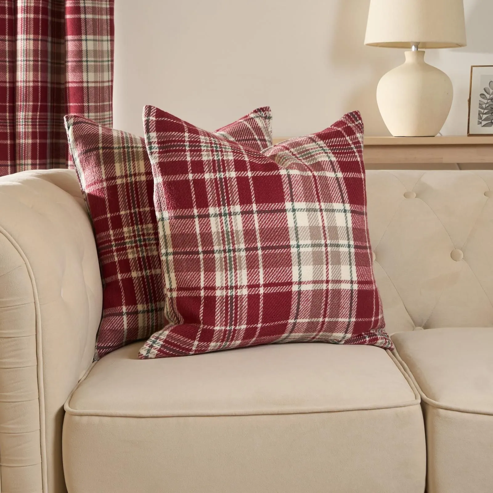 OHS Woven Check Cushion Covers Tartan Pack of 2 Case Pad Set 18" x 18" Home in Red