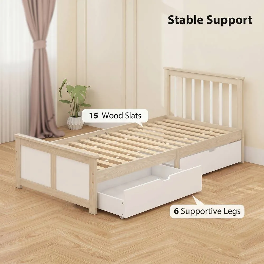 HOMCOM Storage Bed with 2 Drawers, Headboard, Wood Slat Support, Natural 6