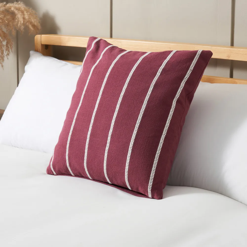 Embroidered Stripe Cushion, Merlot 1