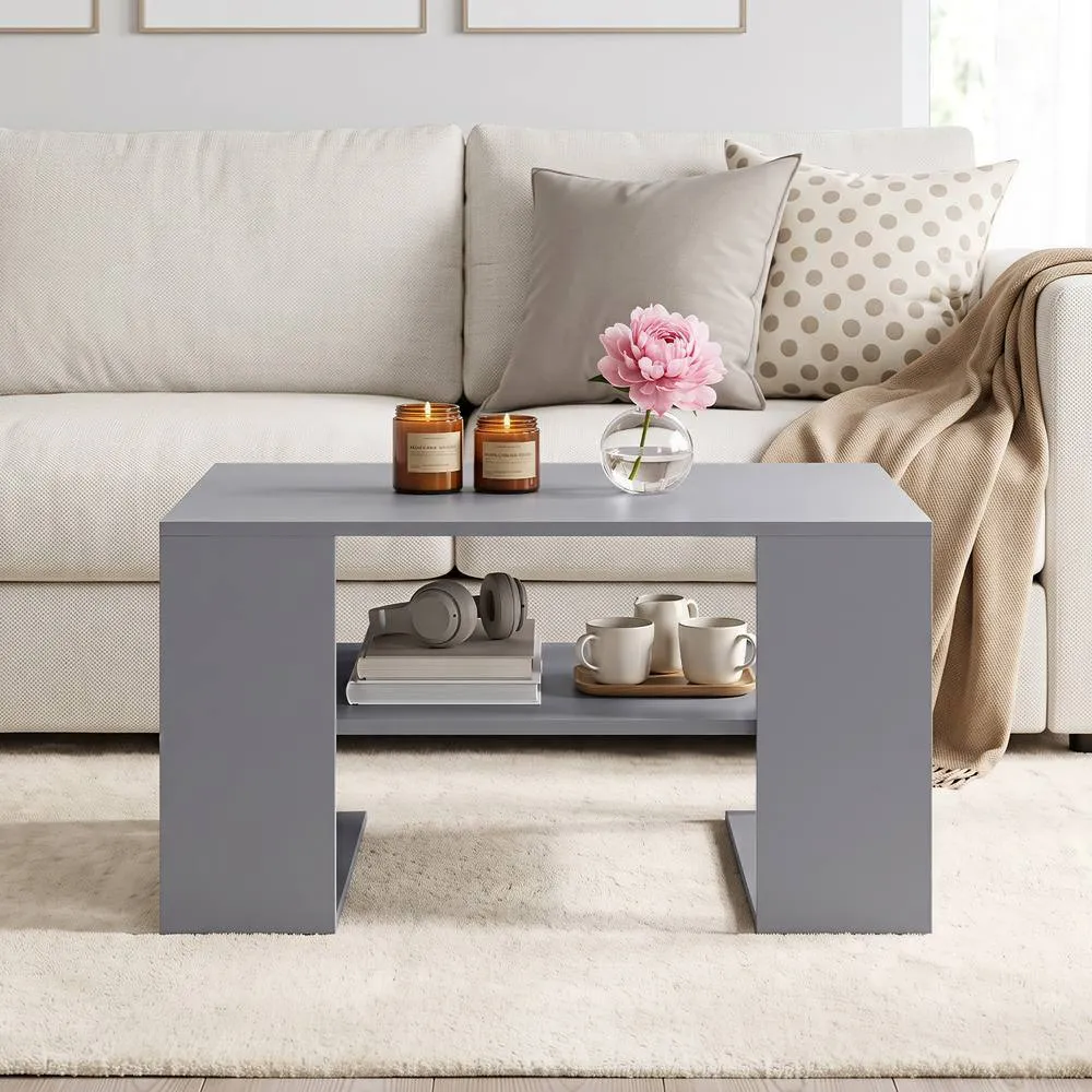 Costway Square Coffee Table Modern Compact Center Table with Open Shelf in Grey 4