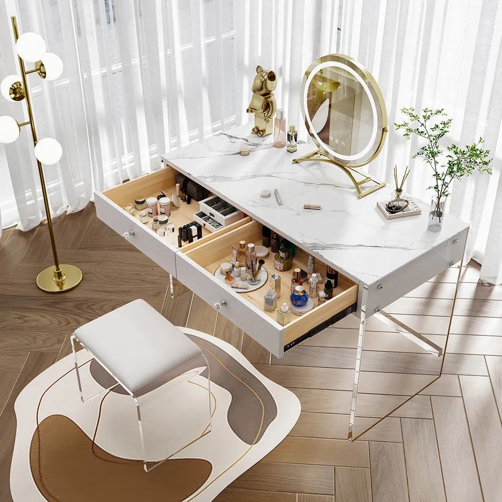 Modern Acrylic Floating Dressing Table with Chair with LED Lighted Standing Mirror & Stool