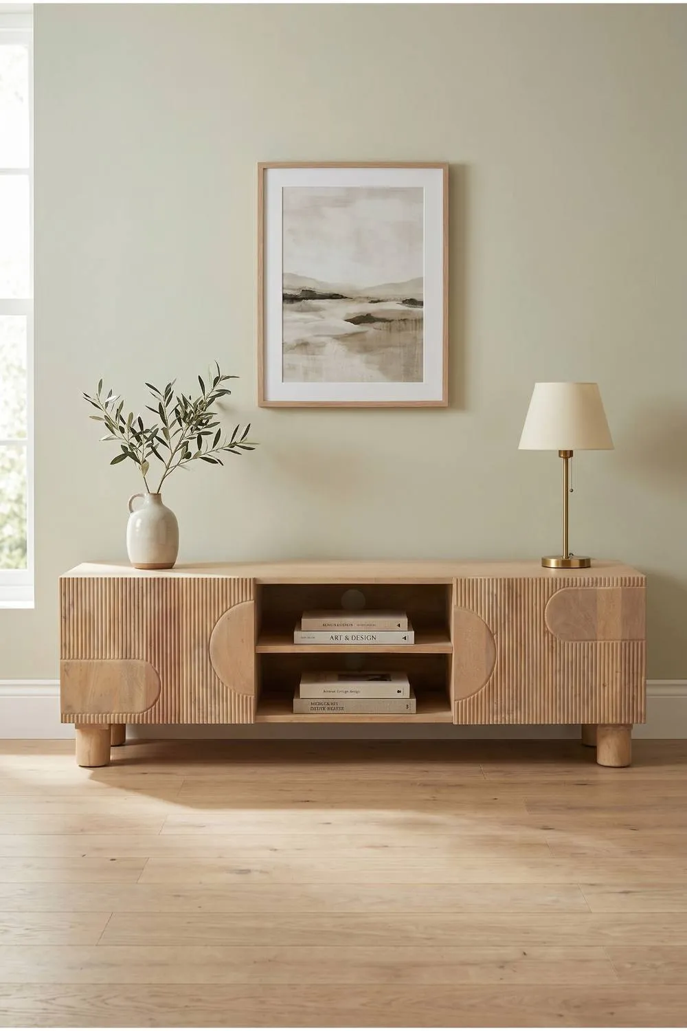 IH Design Yealmpton Fluted Mango Wood TV Cabinet with Shelf in Brown