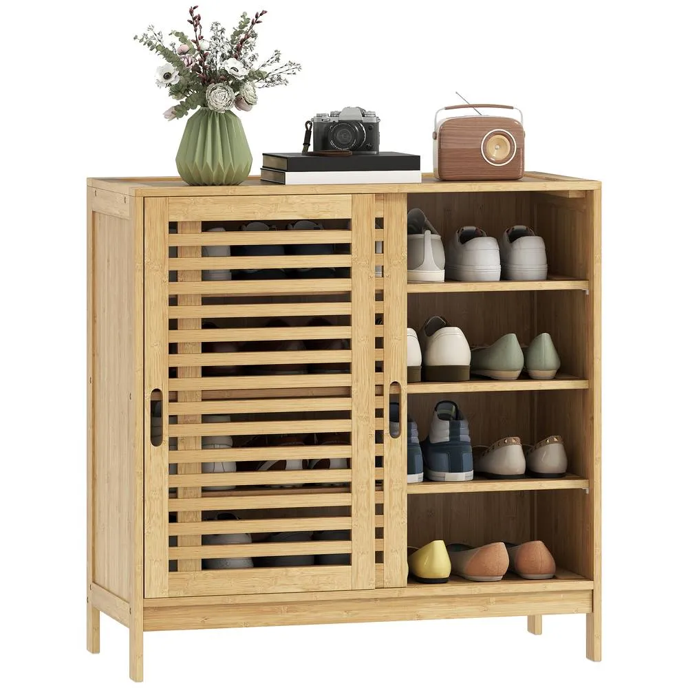 HOMCOM Bamboo Shoe Cabinet with 2 Sliding Slat Doors, 16 Pairs, Natural 2