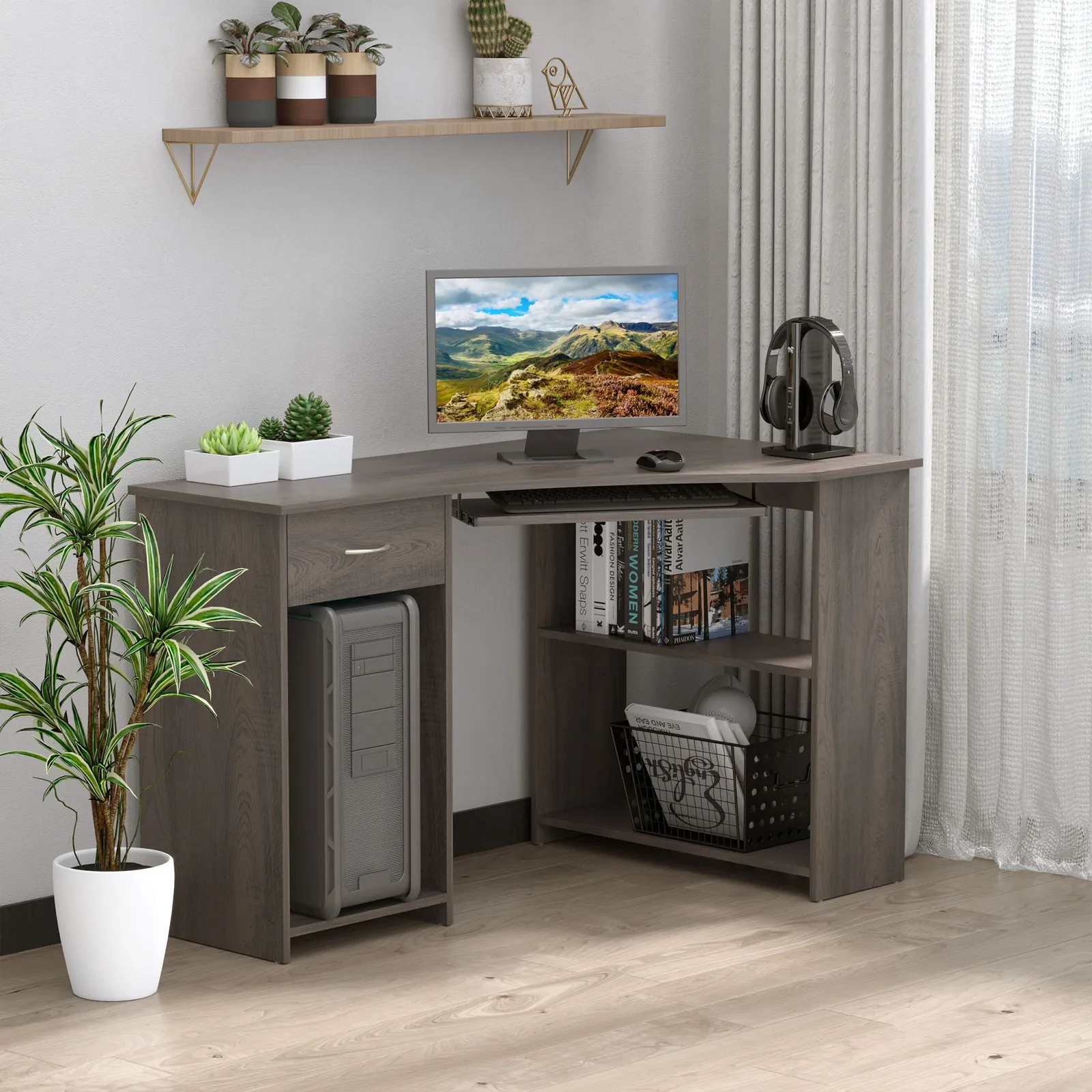 HOMCOM L-Shaped Corner Computer Desk w/ 2 Shelves Worktop Keyboard Tray in Grey