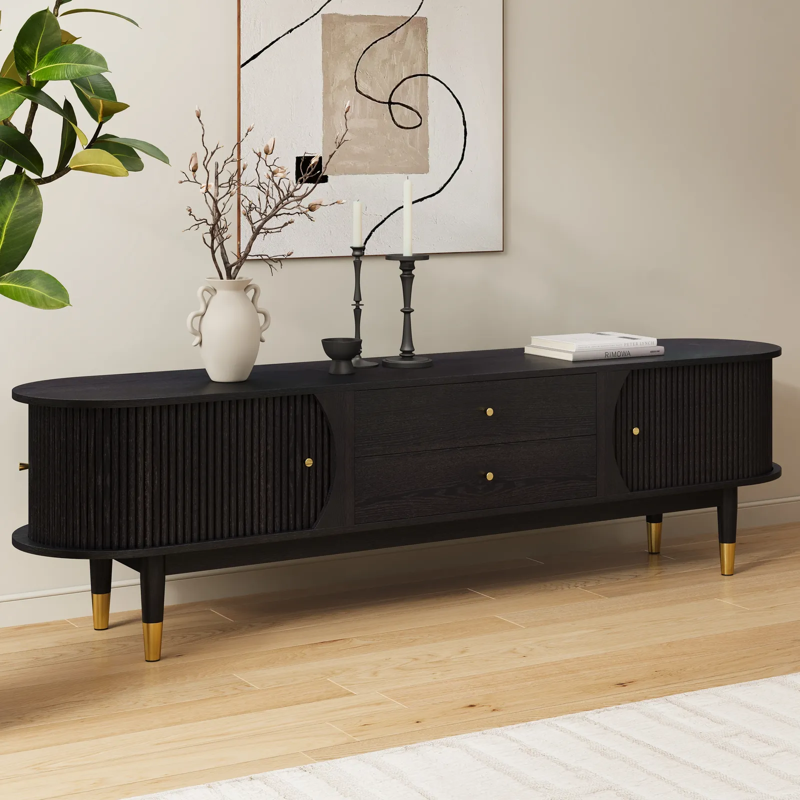 80" Ash Wood Fluted Black TV Stand with Storage
