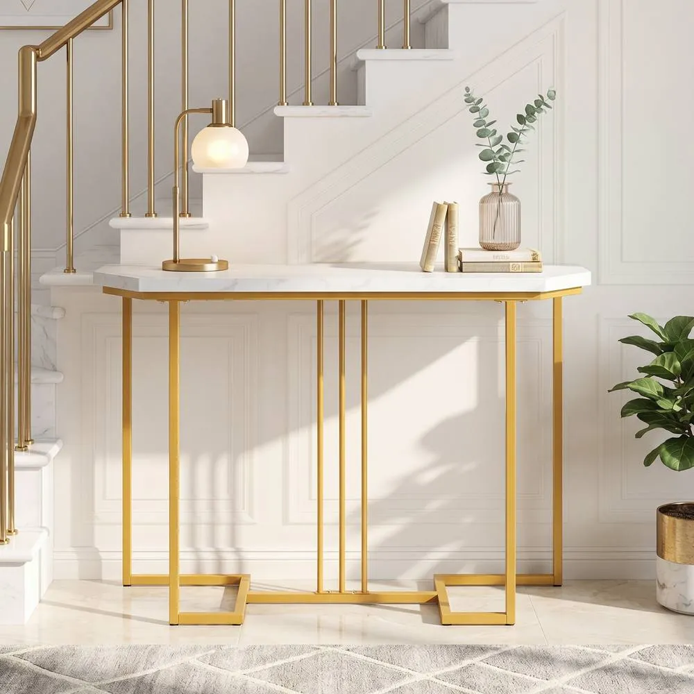 Costway Modern Console Table 110 CM Narrow Entryway Table with Faux Marble Top in White 3