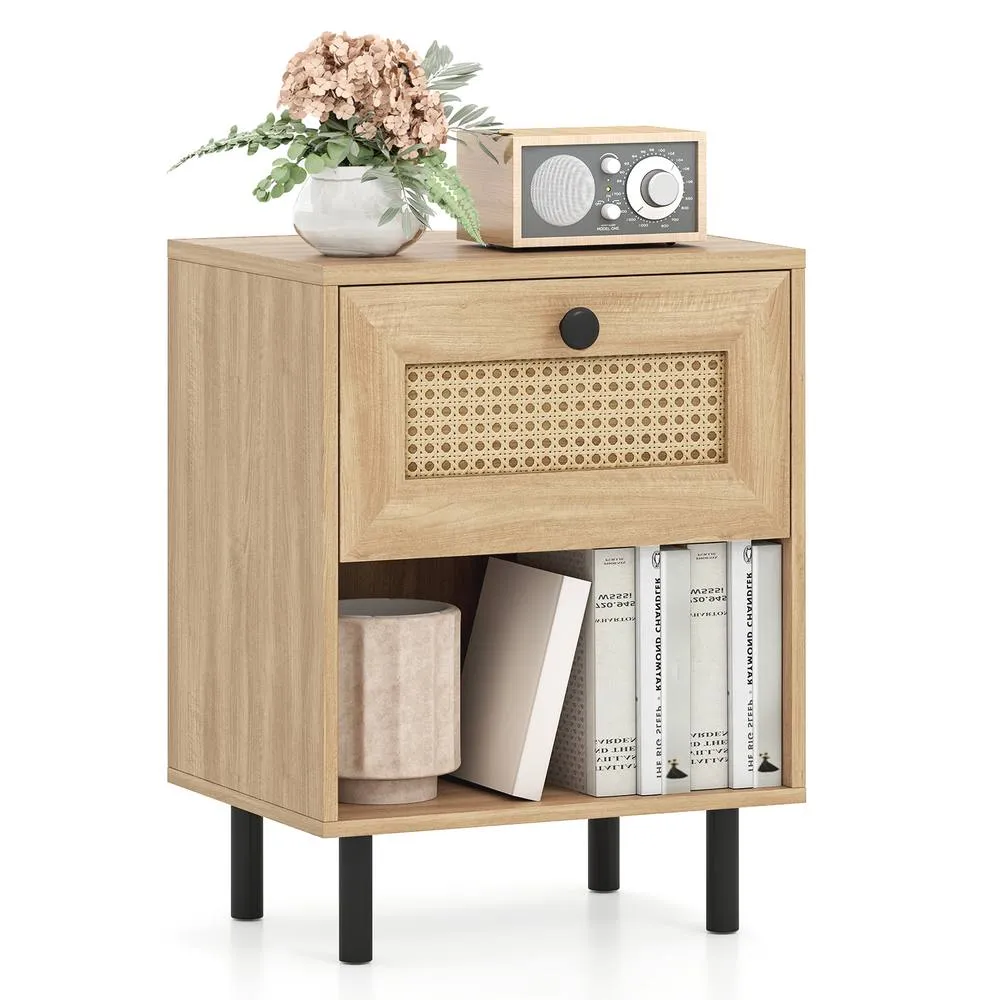 Costway Rattan Nightstand Natural Boho Bedside Table Drawer