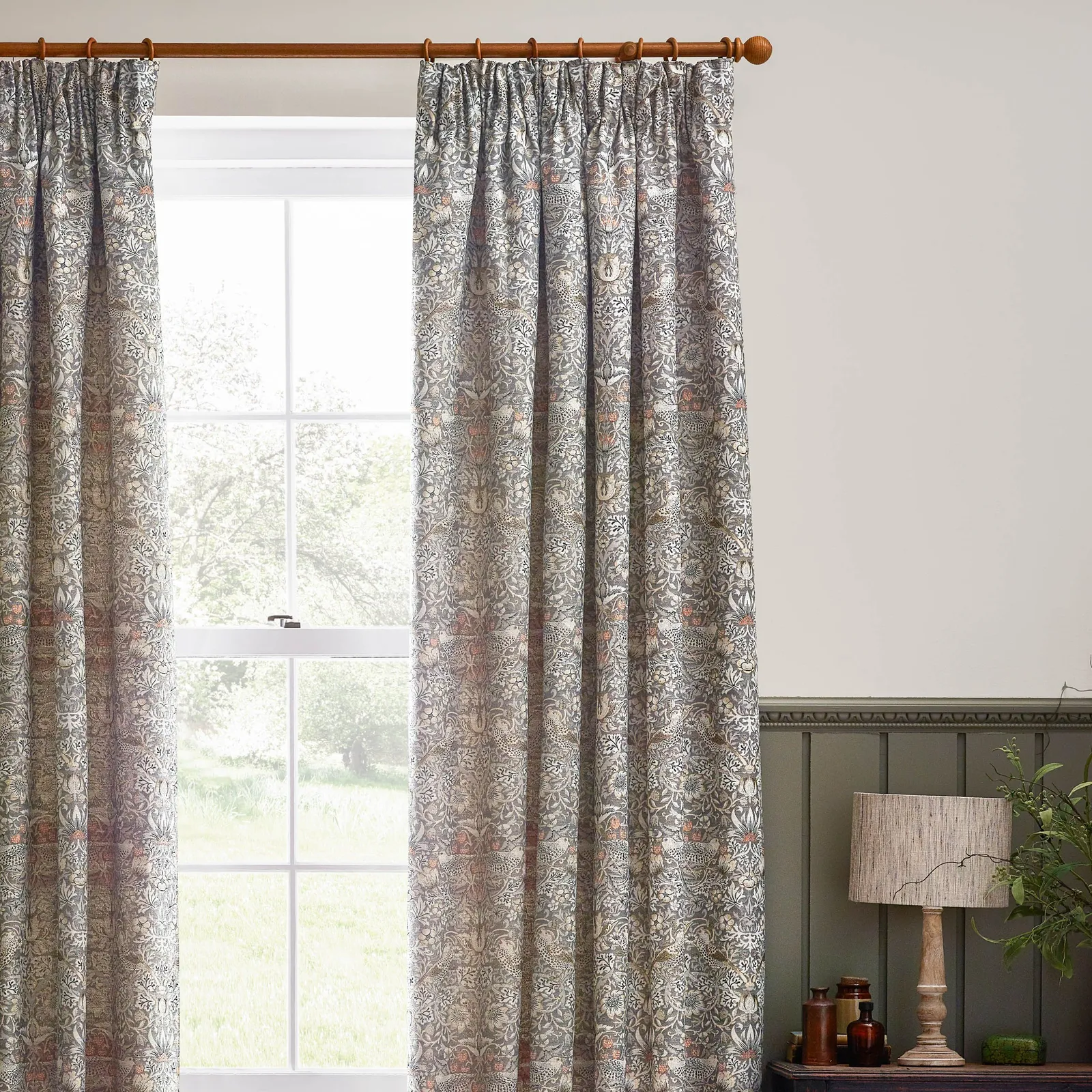 Morris & Co Strawberry Thief Jacquard Floral Room Darkening Pencil Pleat Curtain Pair in Beige 3
