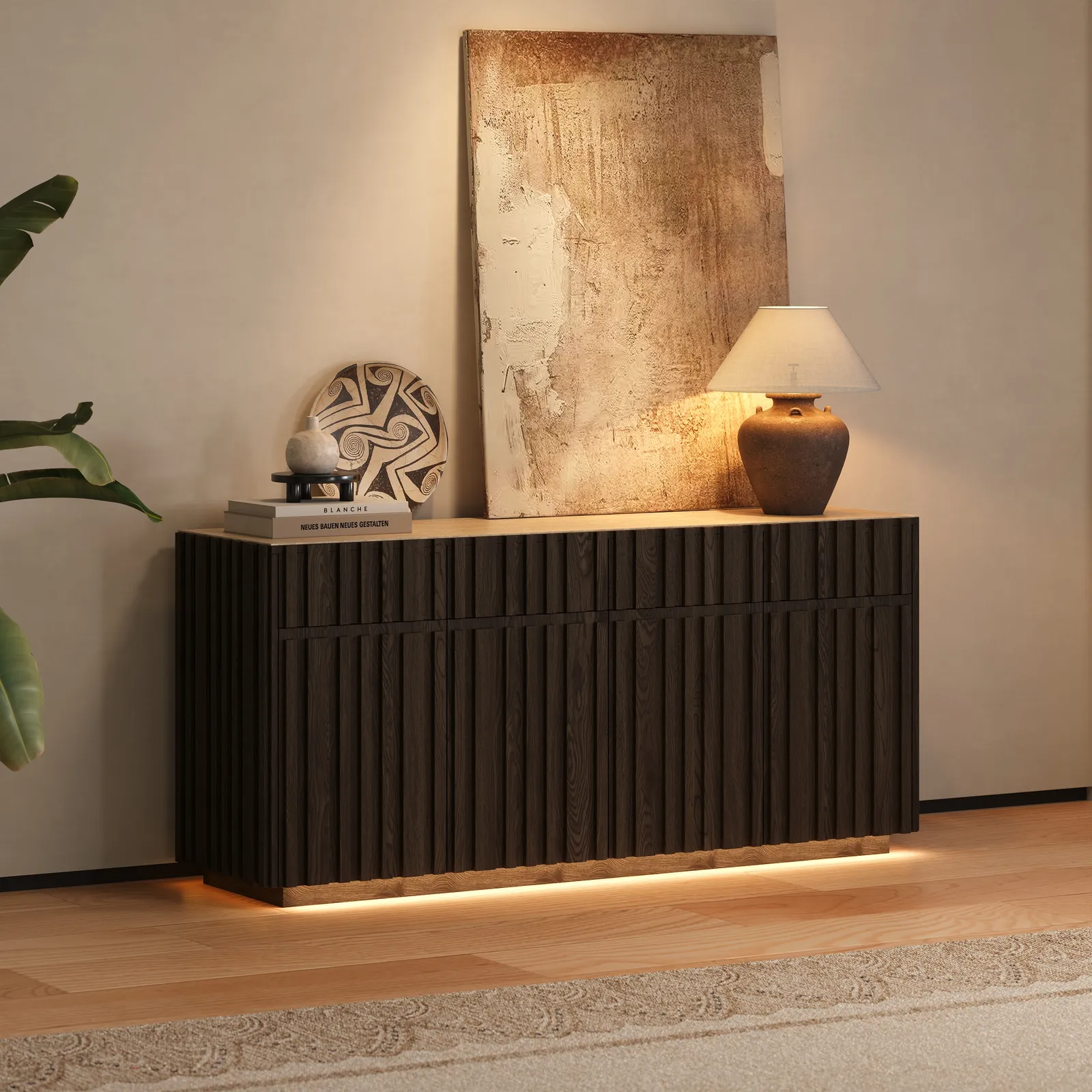 Aura 65" Ash Wood Slatted TV Stand with Sintered Stone Top