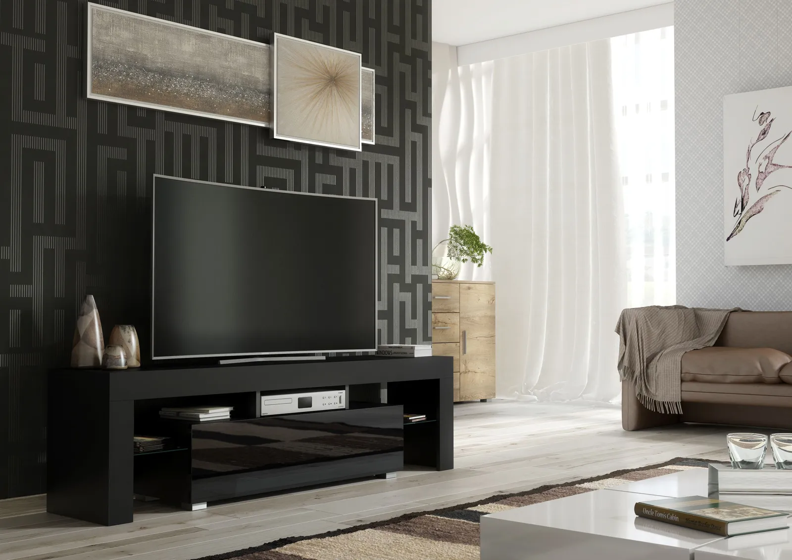 Creative Furniture TV Unit 160cm Stylish Modern - Black with High Gloss Doors 2