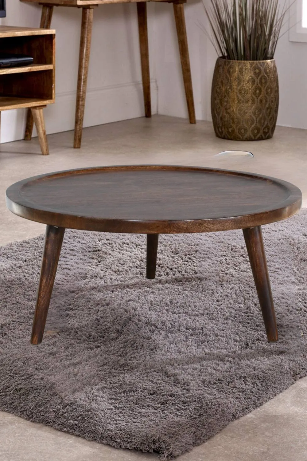 IH Design Solid Mango Wooden Round Low Coffee Table - Living Room Table in Brown