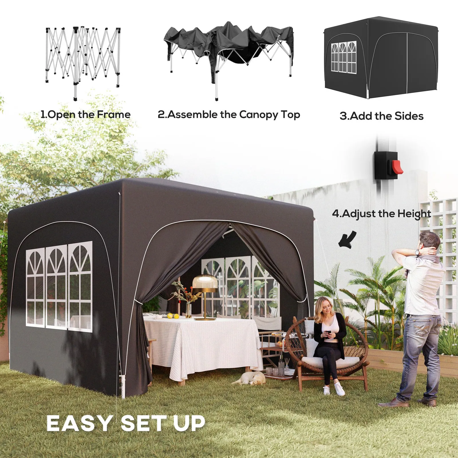 OUTSUNNY 3 x 3(m) UPF50+ Pop Up Gazebo with Sides & Carry Bag, Black 4
