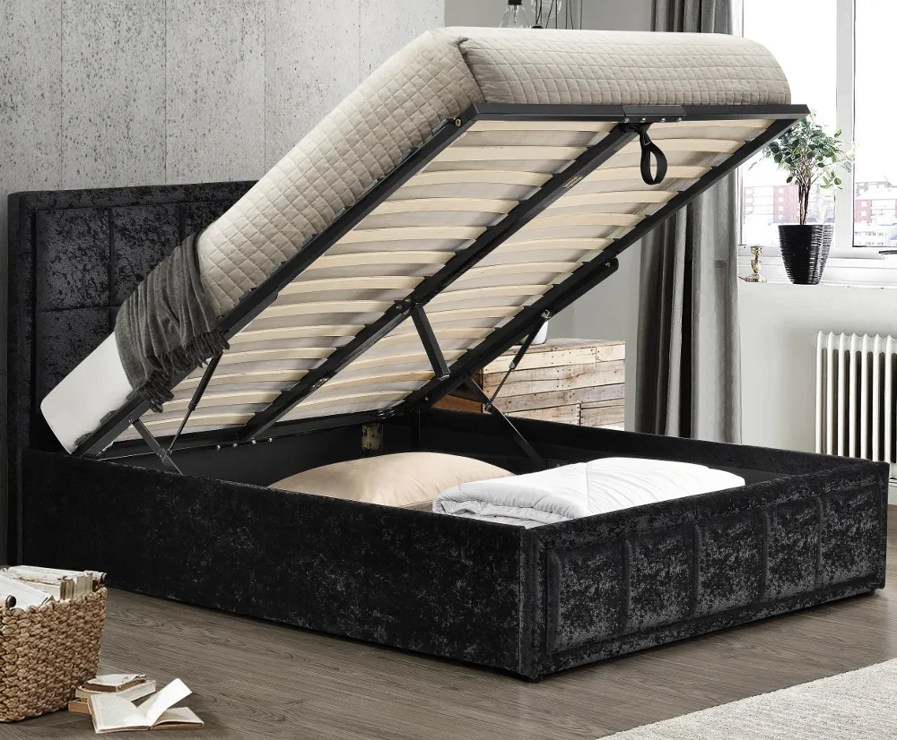 Hannover - Double - Ottoman Bed - Black - Velvet - 4ft6 - Happy Beds 1
