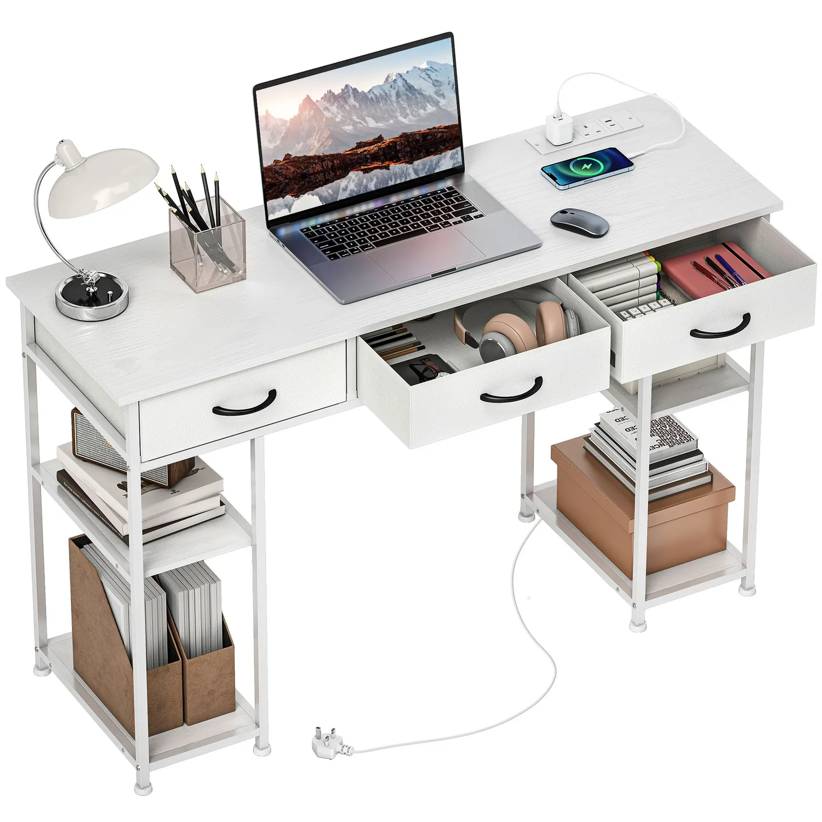 HOMCOM Computer Writing Desk with Power Outlets, Drawers, Shelves, White 2