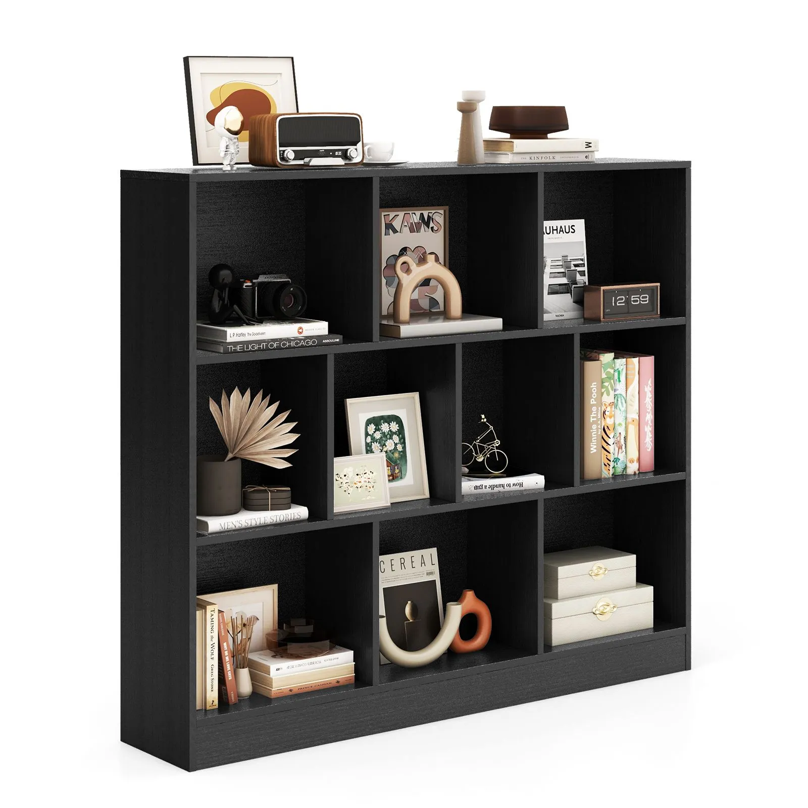 Costway 10-Cube Bookshelf 3-Tier Wood Display Shelf 120cm Storage Organizer in Black 2