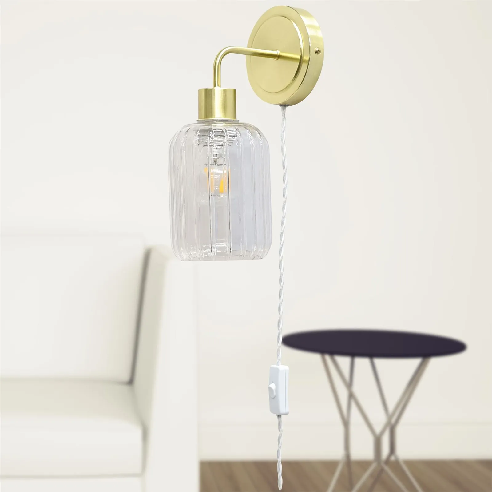 First Choice Lighting Toby - Satin Brass Plug in Wall Light with Lozenge Ribbed Glass Shade in Gold 4