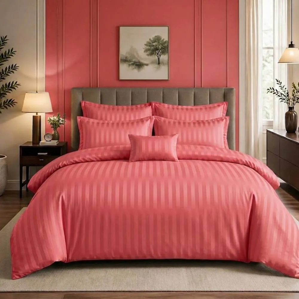 Pamposh Luxury Embossed Stripes Duvet Cover Set in Red