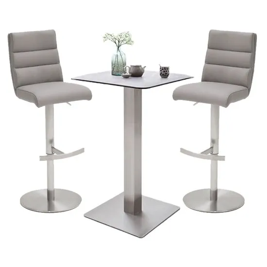 Soho Glass Bar Table With 2 Hiulia Ice Grey Leather Stools