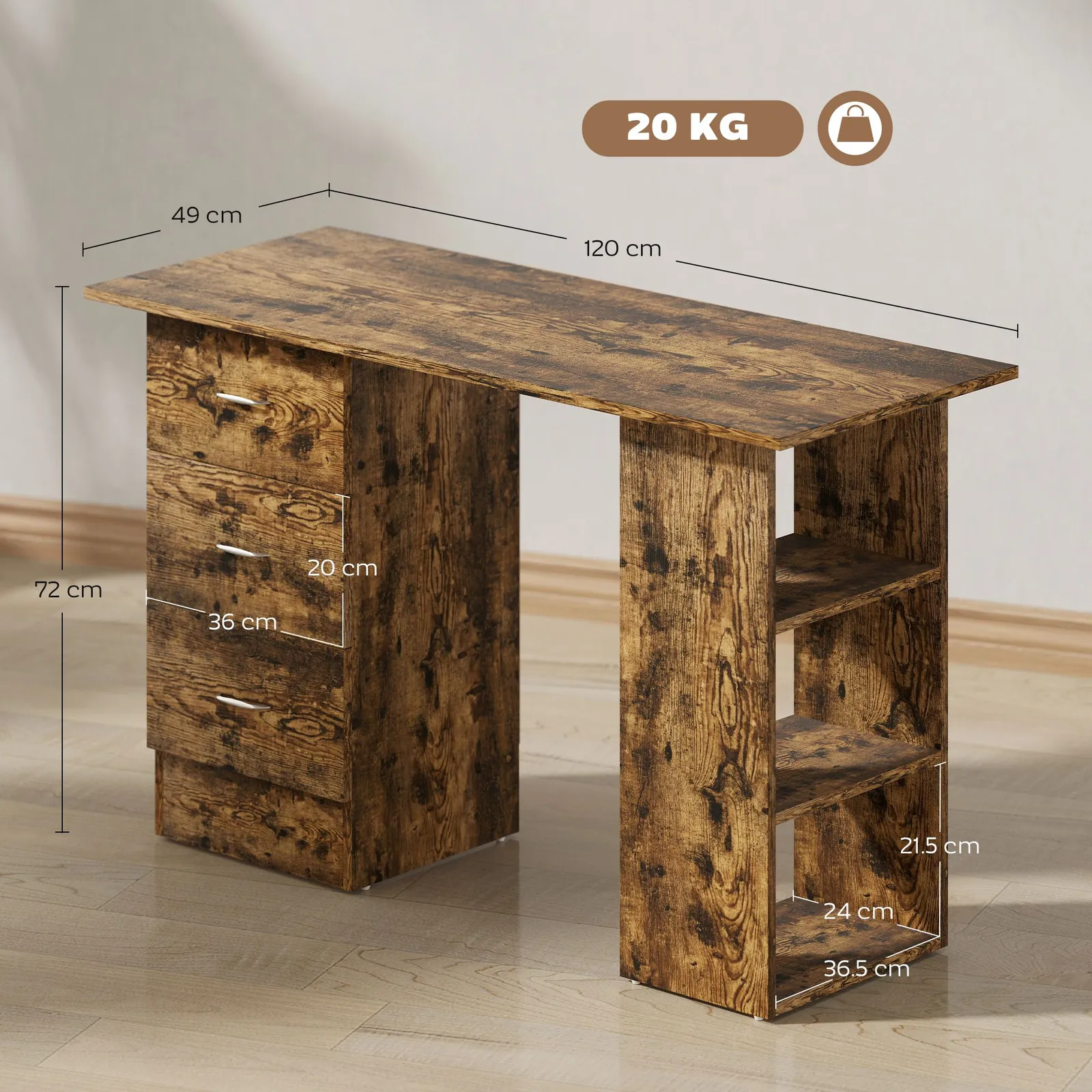 HOMCOM 120cm Computer Desk, Study Table with 3 Shelf & Drawers in Brown 3