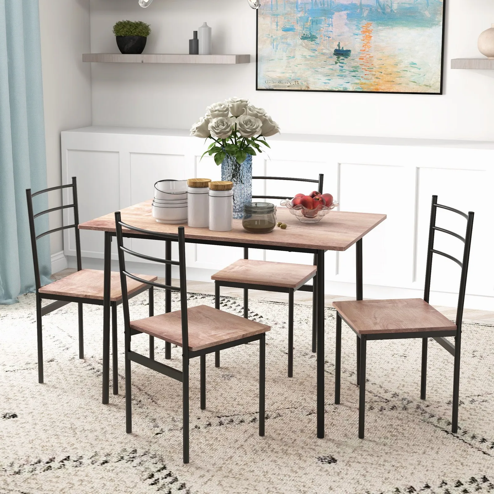 HOMCOM 5pc Dining Room Sets, Space Saving Dining Table & 4 Chairs, Steel Frame in Brown