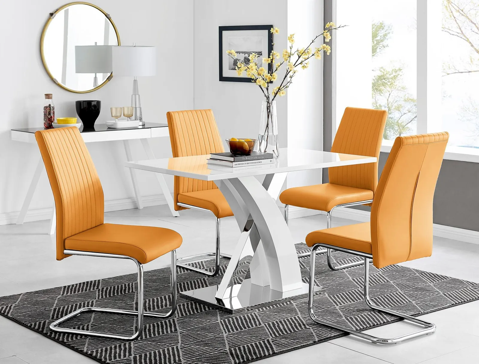 FurnitureboxUK Atlanta White High Gloss & Chrome 4 Seater Dining Table with X Shaped Legs & 4 Faux Leather Lorenzo Chairs in Mustard 1